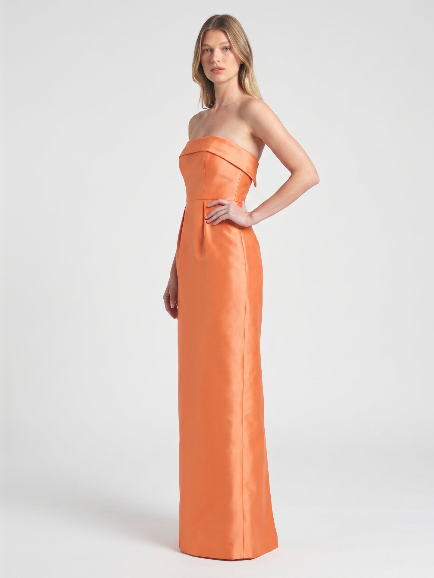 Modern Orange Satin Sheath Straight Neck Back Zip Floor-Length Bridesmaid Dress with Pleated Detail - Curvevia