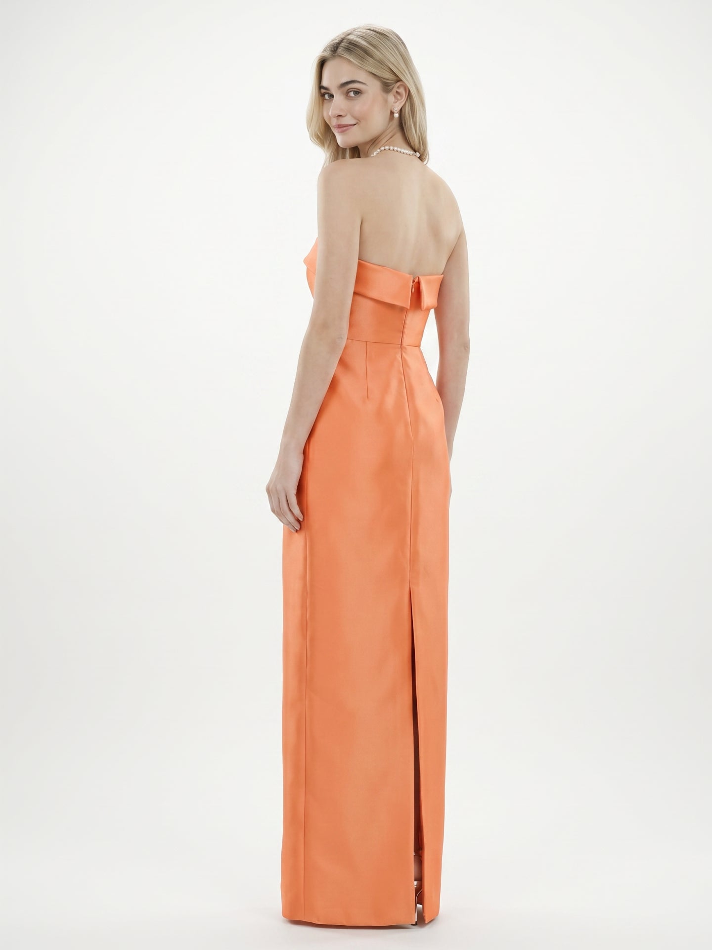 Modern Orange Satin Sheath Straight Neck Back Zip Floor-Length Bridesmaid Dress with Pleated Detail - Curvevia