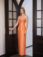 Modern Orange Satin Sheath Straight Neck Back Zip Floor-Length Bridesmaid Dress with Pleated Detail - Curvevia