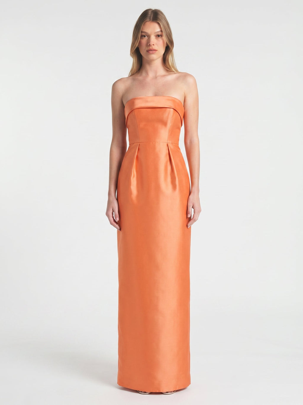 Modern Orange Satin Sheath Straight Neck Back Zip Floor-Length Bridesmaid Dress with Pleated Detail - Curvevia