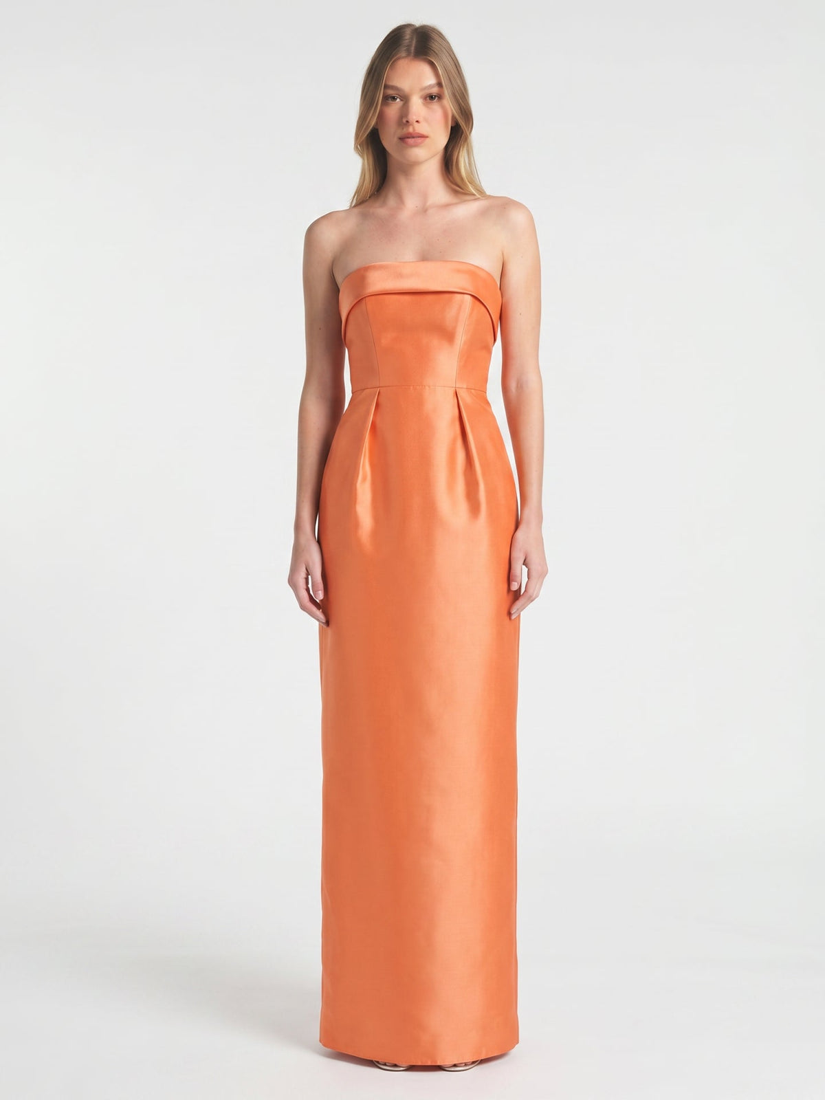 Modern Orange Satin Sheath Straight Neck Back Zip Floor-Length Bridesmaid Dress with Pleated Detail - Curvevia