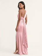 Modern Petal Satin A-Line One-Shoulder Backless Floor-Length Bridesmaid Dress with Pleats - Curvevia