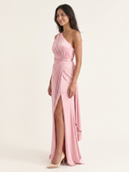 Modern Petal Satin A-Line One-Shoulder Backless Floor-Length Bridesmaid Dress with Pleats - Curvevia