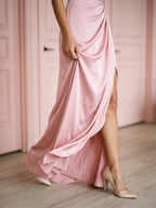 Modern Petal Satin A-Line One-Shoulder Backless Floor-Length Bridesmaid Dress with Pleats - Curvevia