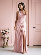Modern Petal Satin A-Line One-Shoulder Backless Floor-Length Bridesmaid Dress with Pleats - Curvevia
