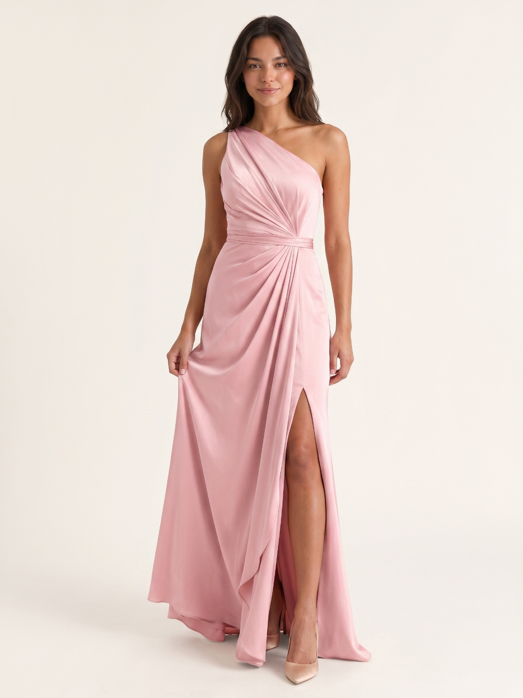 Modern Petal Satin A-Line One-Shoulder Backless Floor-Length Bridesmaid Dress with Pleats - Curvevia