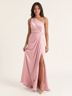 Modern Petal Satin A-Line One-Shoulder Backless Floor-Length Bridesmaid Dress with Pleats - Curvevia