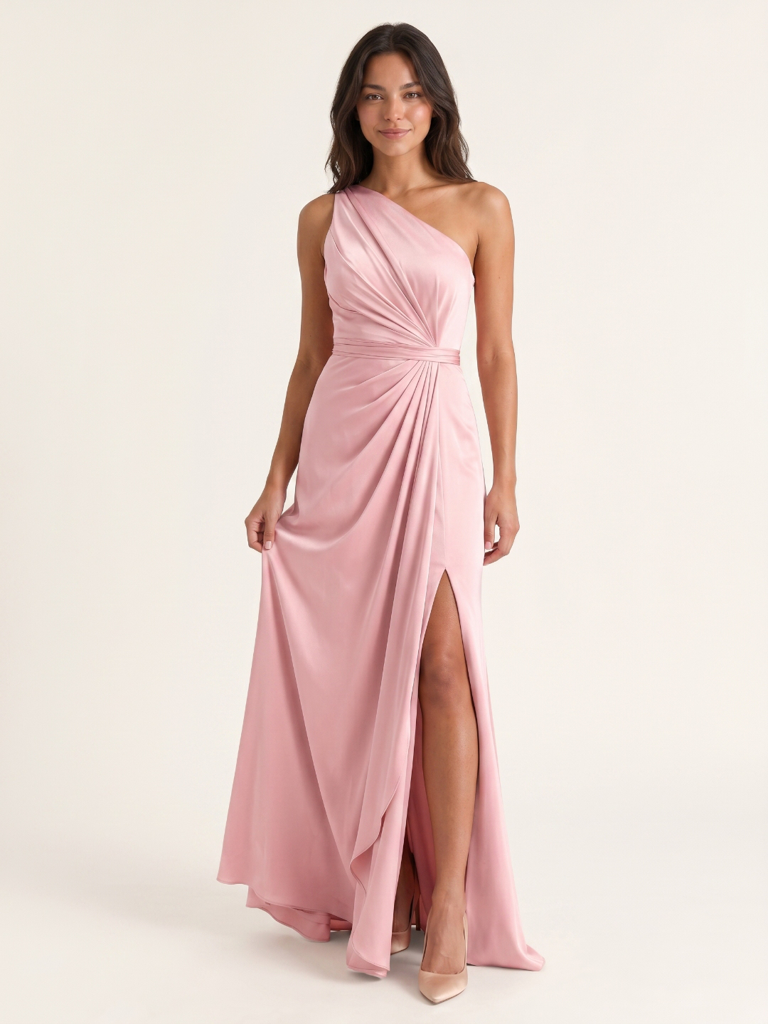 Modern Petal Satin A-Line One-Shoulder Backless Floor-Length Bridesmaid Dress with Pleats - Curvevia