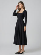 Modest Black Stretch Knit A-Line Square Neck Back Zip Tea-Length Bridesmaid Dress - Curvevia