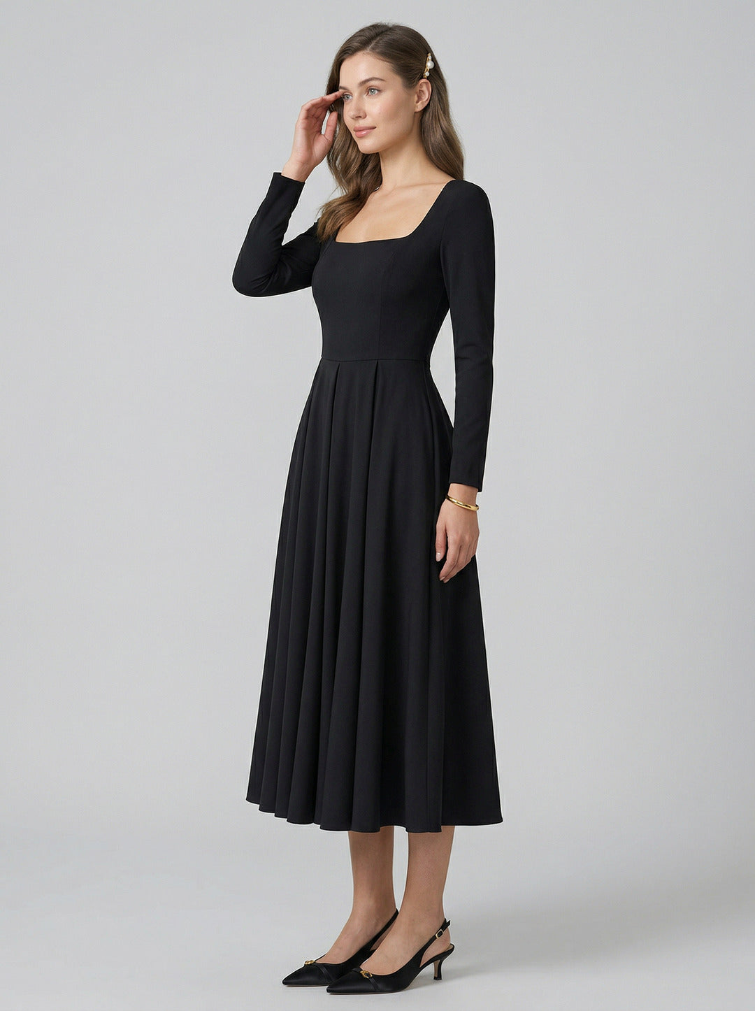 Modest Black Stretch Knit A-Line Square Neck Back Zip Tea-Length Bridesmaid Dress - Curvevia