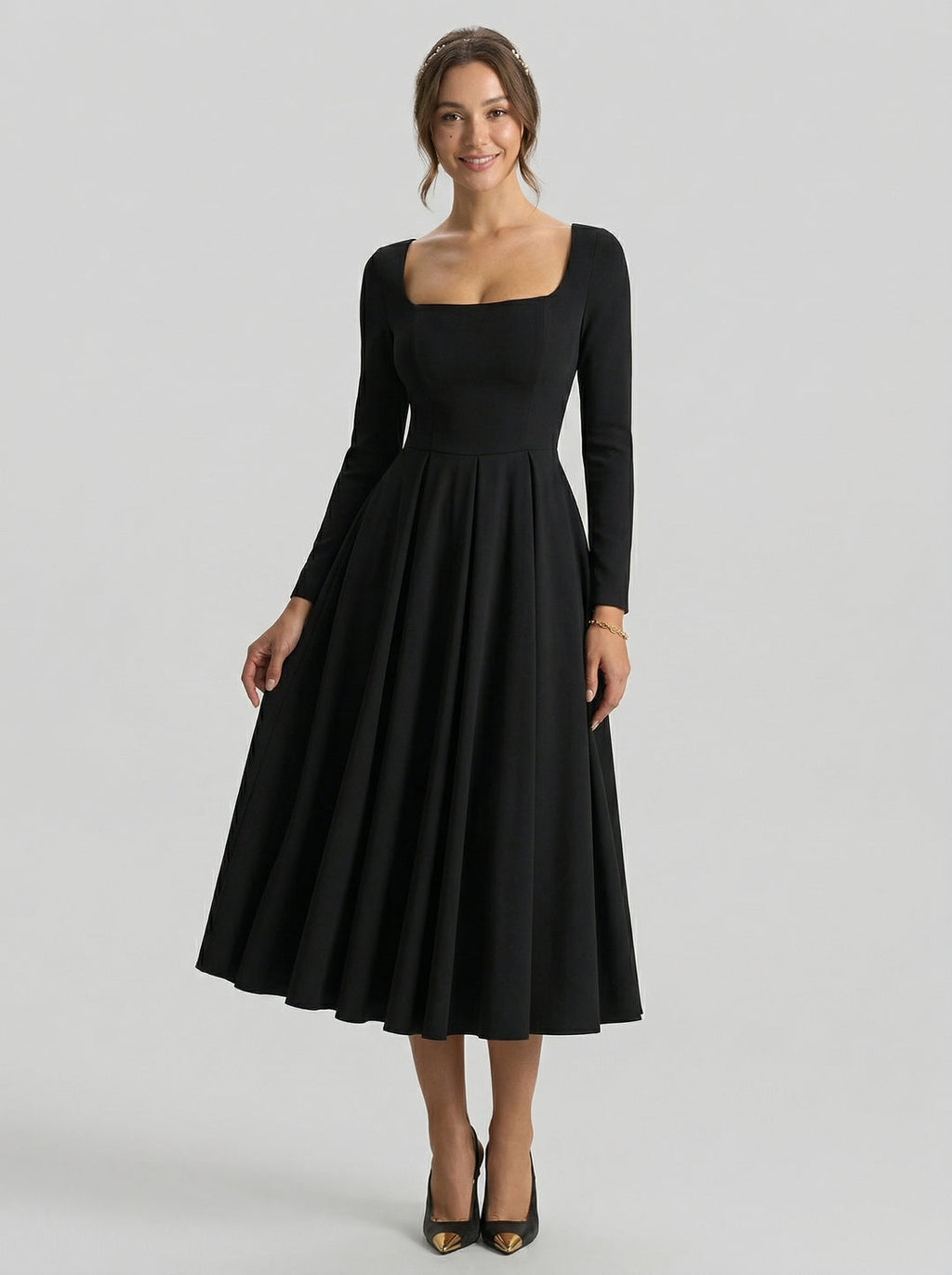 Modest Black Stretch Knit A-Line Square Neck Back Zip Tea-Length Bridesmaid Dress - Curvevia