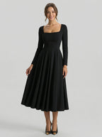 Modest Black Stretch Knit A-Line Square Neck Back Zip Tea-Length Bridesmaid Dress - Curvevia