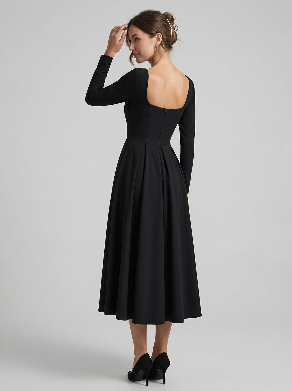 Modest Black Stretch Knit A-Line Square Neck Back Zip Tea-Length Bridesmaid Dress - Curvevia
