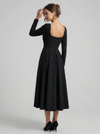 Modest Black Stretch Knit A-Line Square Neck Back Zip Tea-Length Bridesmaid Dress - Curvevia