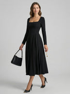 Modest Black Stretch Knit A-Line Square Neck Back Zip Tea-Length Bridesmaid Dress - Curvevia