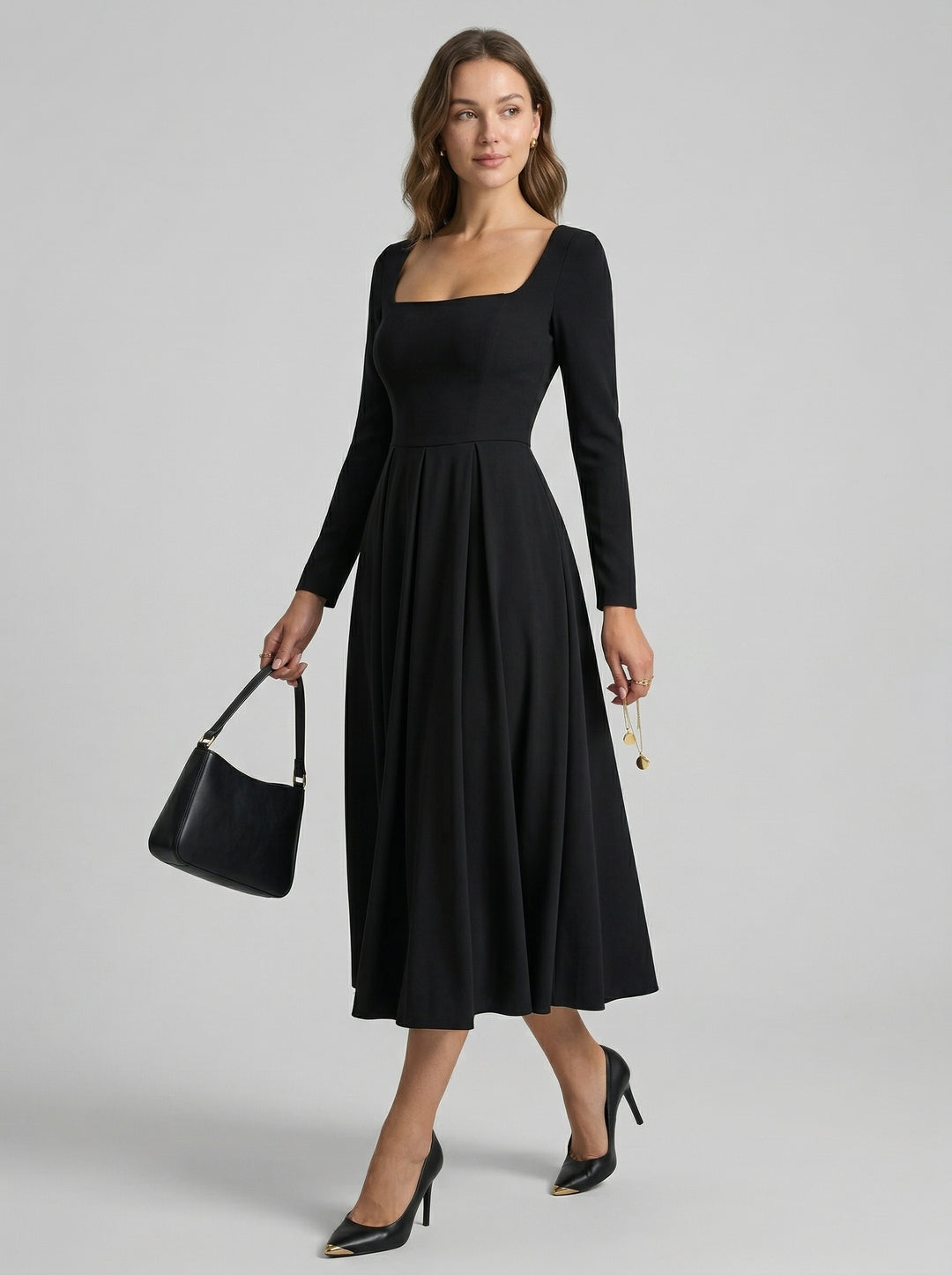 Modest Black Stretch Knit A-Line Square Neck Back Zip Tea-Length Bridesmaid Dress - Curvevia