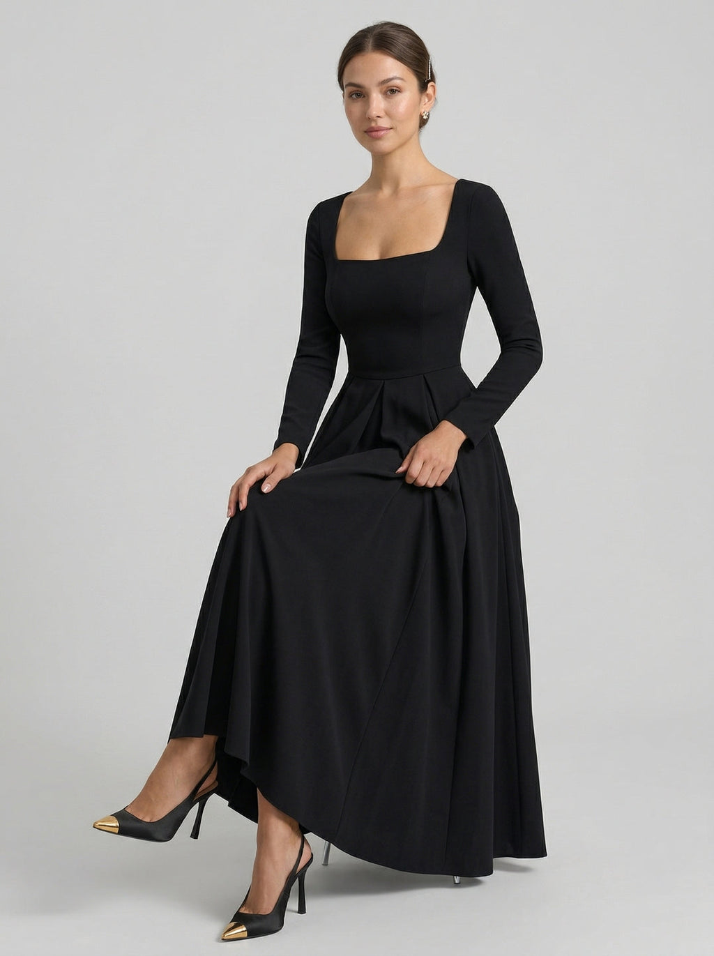 Modest Black Stretch Knit A-Line Square Neck Back Zip Tea-Length Bridesmaid Dress - Curvevia