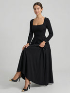Modest Black Stretch Knit A-Line Square Neck Back Zip Tea-Length Bridesmaid Dress - Curvevia