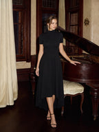 Modest Black Stretch Knit A-Line Scoop Neck Back Zip Asymmetrical Hem Bridesmaid Dress - Curvevia