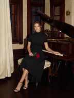 Modest Black Stretch Knit A-Line Scoop Neck Back Zip Asymmetrical Hem Bridesmaid Dress - Curvevia