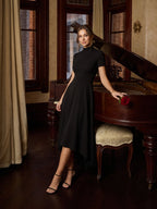 Modest Black Stretch Knit A-Line Scoop Neck Back Zip Asymmetrical Hem Bridesmaid Dress - Curvevia