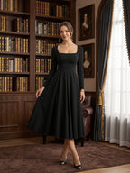 Modest Black Stretch Knit A-Line Square Neck Back Zip Tea-Length Bridesmaid Dress - Curvevia