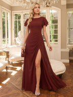 Modest Burgundy Chiffon A-Line Scoop Neck V-Back with nan Ankle-Length Bridesmaid Dress - Curvevia