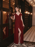 Modest Burgundy Chiffon A-Line V-Neck Ankle-Length Bridesmaid Dress with Minimalist Design - Curvevia