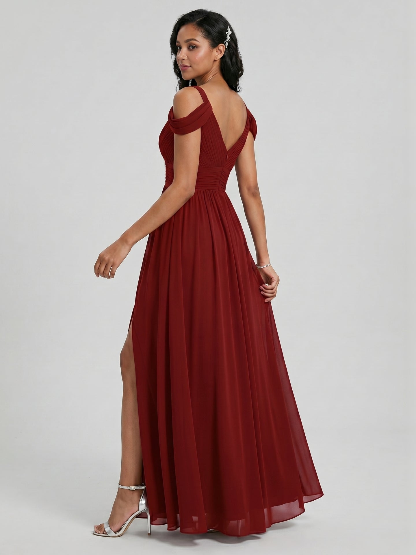 Modest Burgundy Chiffon A-Line V-Neck Ankle-Length Bridesmaid Dress with Minimalist Design - Curvevia