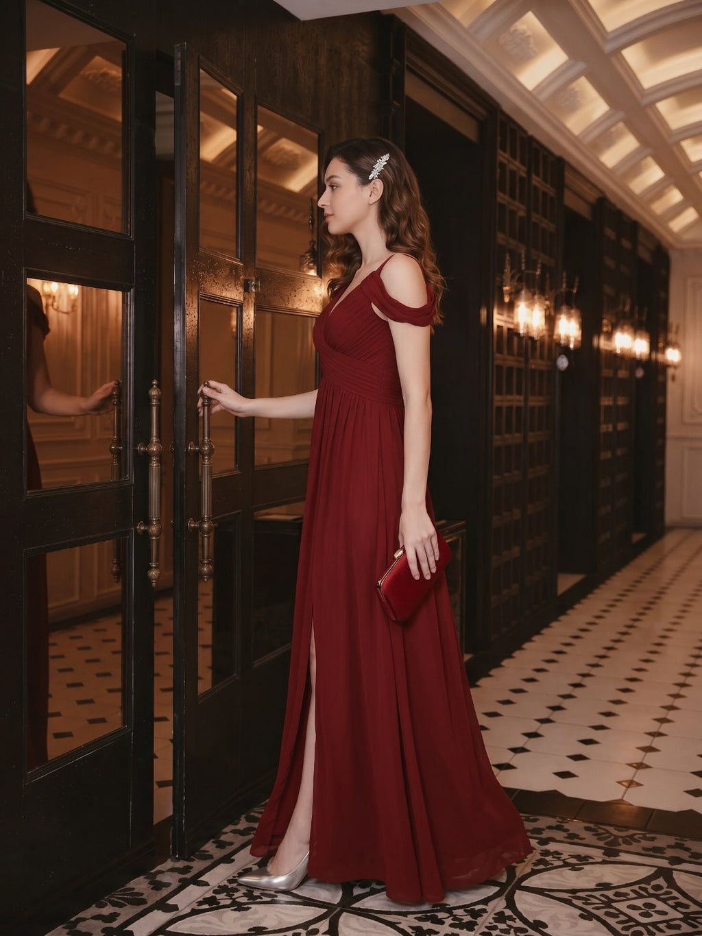 Modest Burgundy Chiffon A-Line V-Neck Ankle-Length Bridesmaid Dress with Minimalist Design - Curvevia
