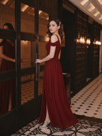 Modest Burgundy Chiffon A-Line V-Neck Ankle-Length Bridesmaid Dress with Minimalist Design - Curvevia
