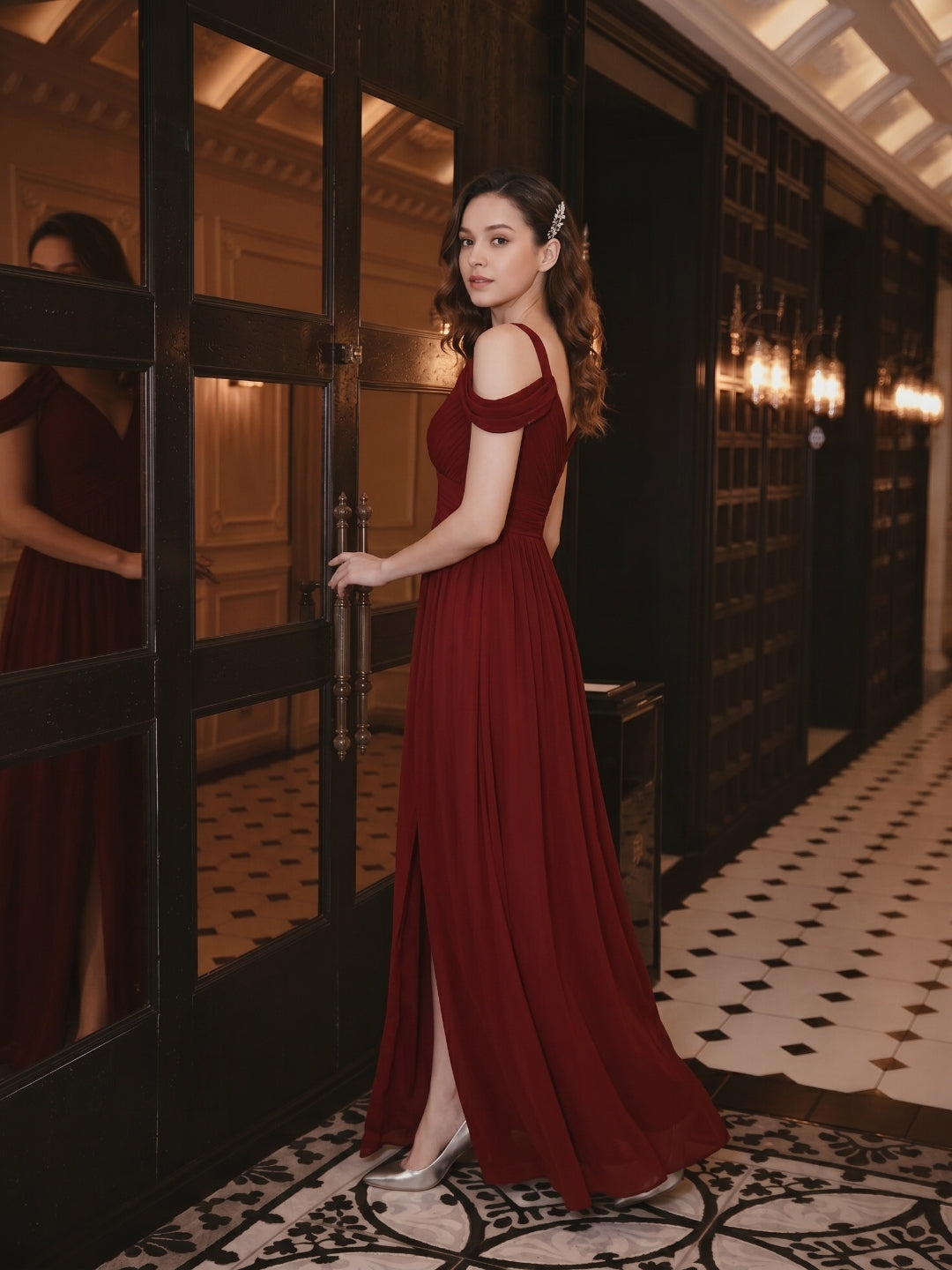 Modest Burgundy Chiffon A-Line V-Neck Ankle-Length Bridesmaid Dress with Minimalist Design - Curvevia
