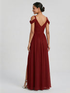 Modest Burgundy Chiffon A-Line V-Neck Ankle-Length Bridesmaid Dress with Minimalist Design - Curvevia