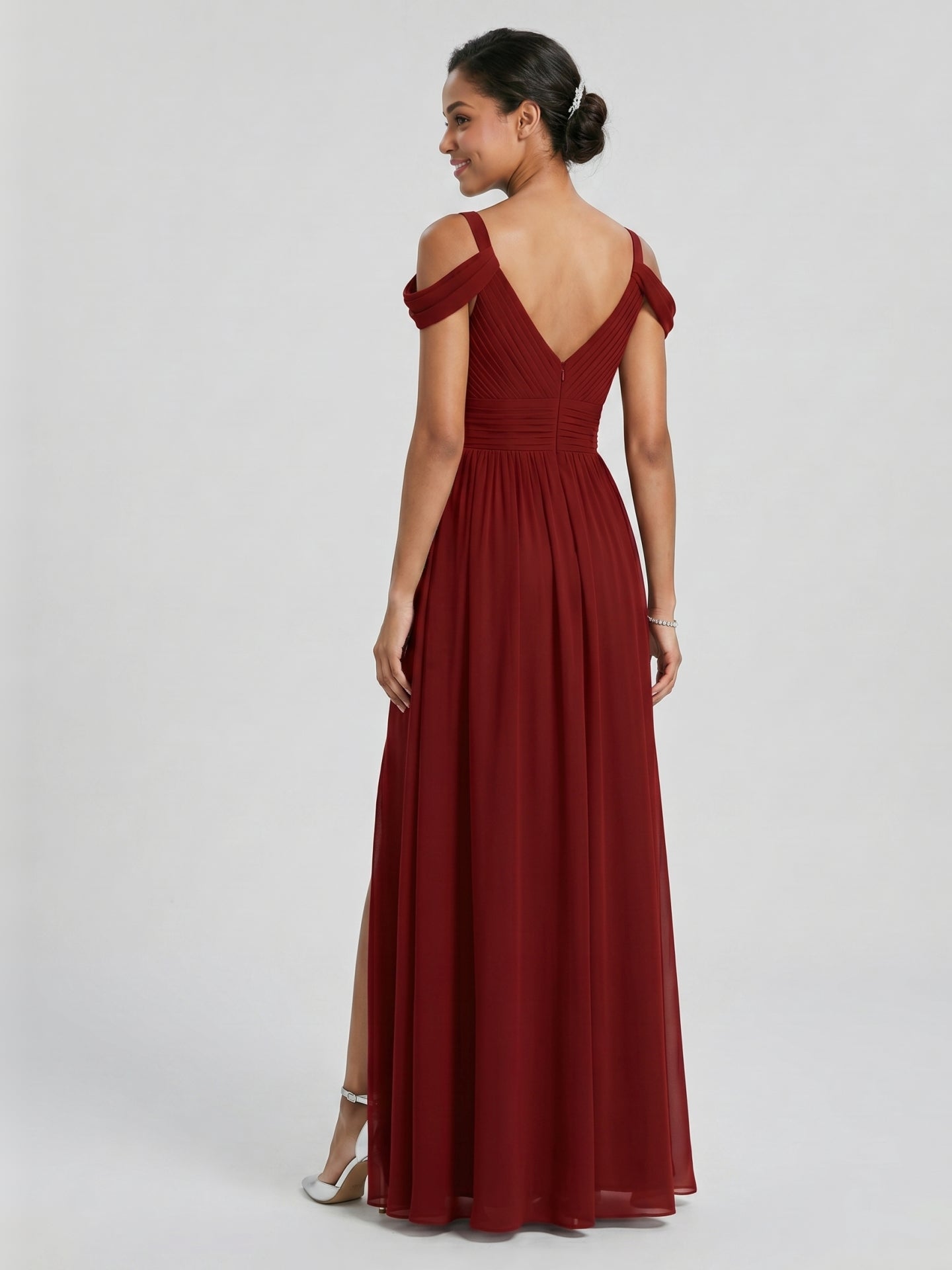 Modest Burgundy Chiffon A-Line V-Neck Ankle-Length Bridesmaid Dress with Minimalist Design - Curvevia