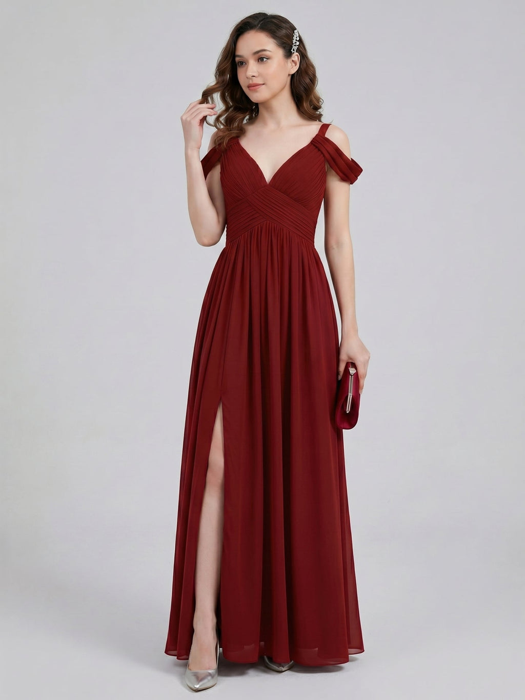Modest Burgundy Chiffon A-Line V-Neck Ankle-Length Bridesmaid Dress with Minimalist Design - Curvevia
