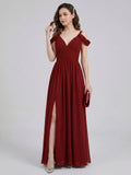 Modest Burgundy Chiffon A-Line V-Neck Ankle-Length Bridesmaid Dress with Minimalist Design - Curvevia