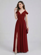 Modest Burgundy Chiffon A-Line V-Neck Ankle-Length Bridesmaid Dress with Minimalist Design - Curvevia