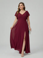 Modest Cabernet Chiffon A-Line V-Neck V-Back Ankle-Length Plus Size Bridesmaid Dress - Curvevia