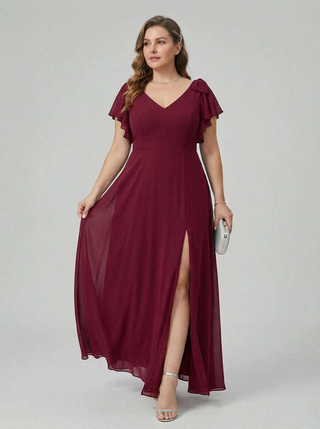 Modest Cabernet Chiffon A-Line V-Neck V-Back Ankle-Length Plus Size Bridesmaid Dress - Curvevia