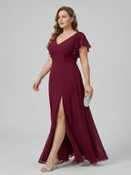 Modest Cabernet Chiffon A-Line V-Neck V-Back Ankle-Length Plus Size Bridesmaid Dress - Curvevia