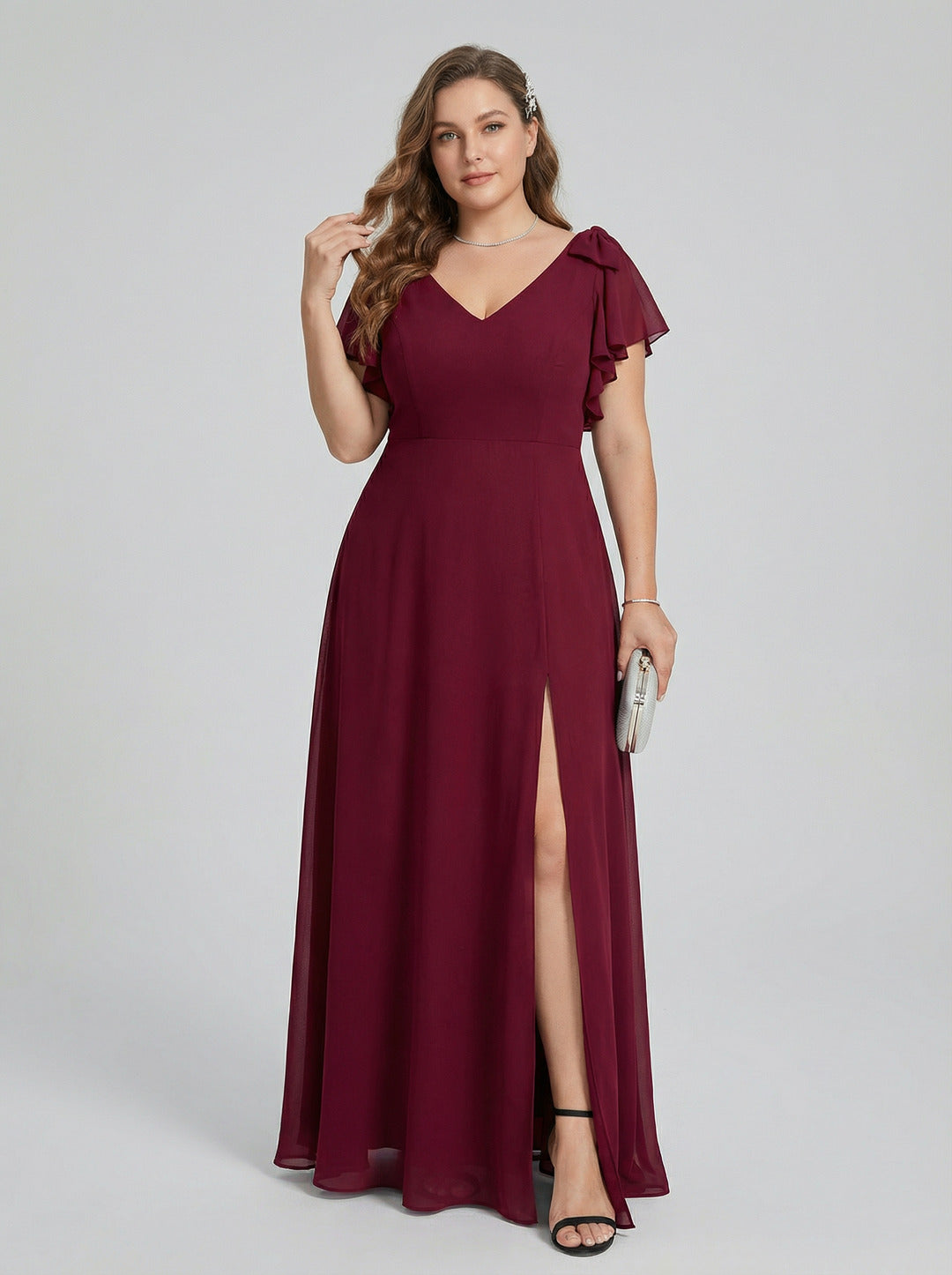 Modest Cabernet Chiffon A-Line V-Neck V-Back Ankle-Length Plus Size Bridesmaid Dress - Curvevia