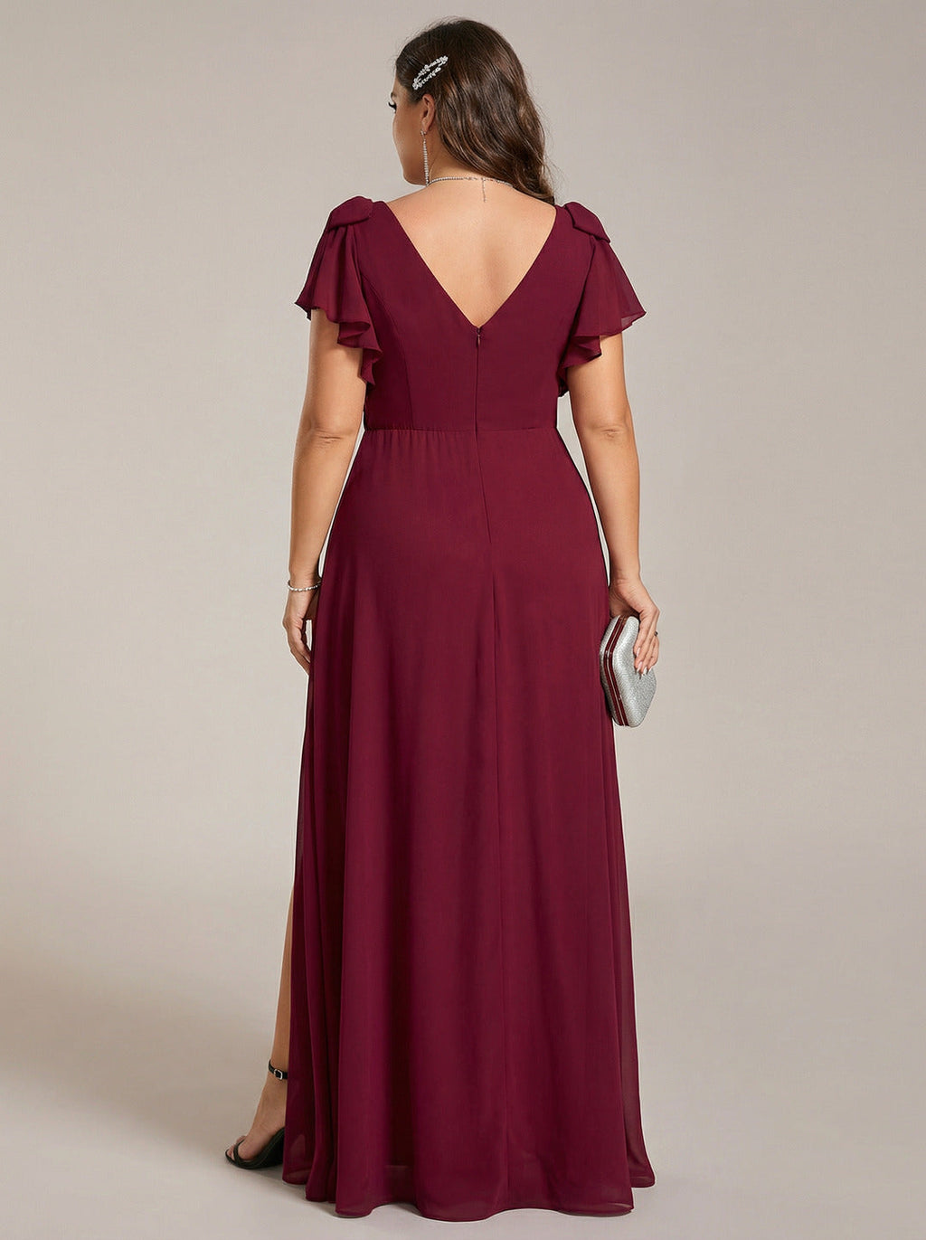 Modest Cabernet Chiffon A-Line V-Neck V-Back Ankle-Length Plus Size Bridesmaid Dress - Curvevia