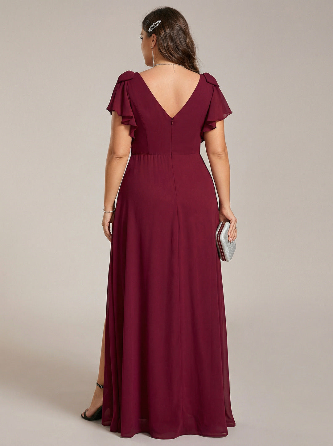 Modest Cabernet Chiffon A-Line V-Neck V-Back Ankle-Length Plus Size Bridesmaid Dress - Curvevia