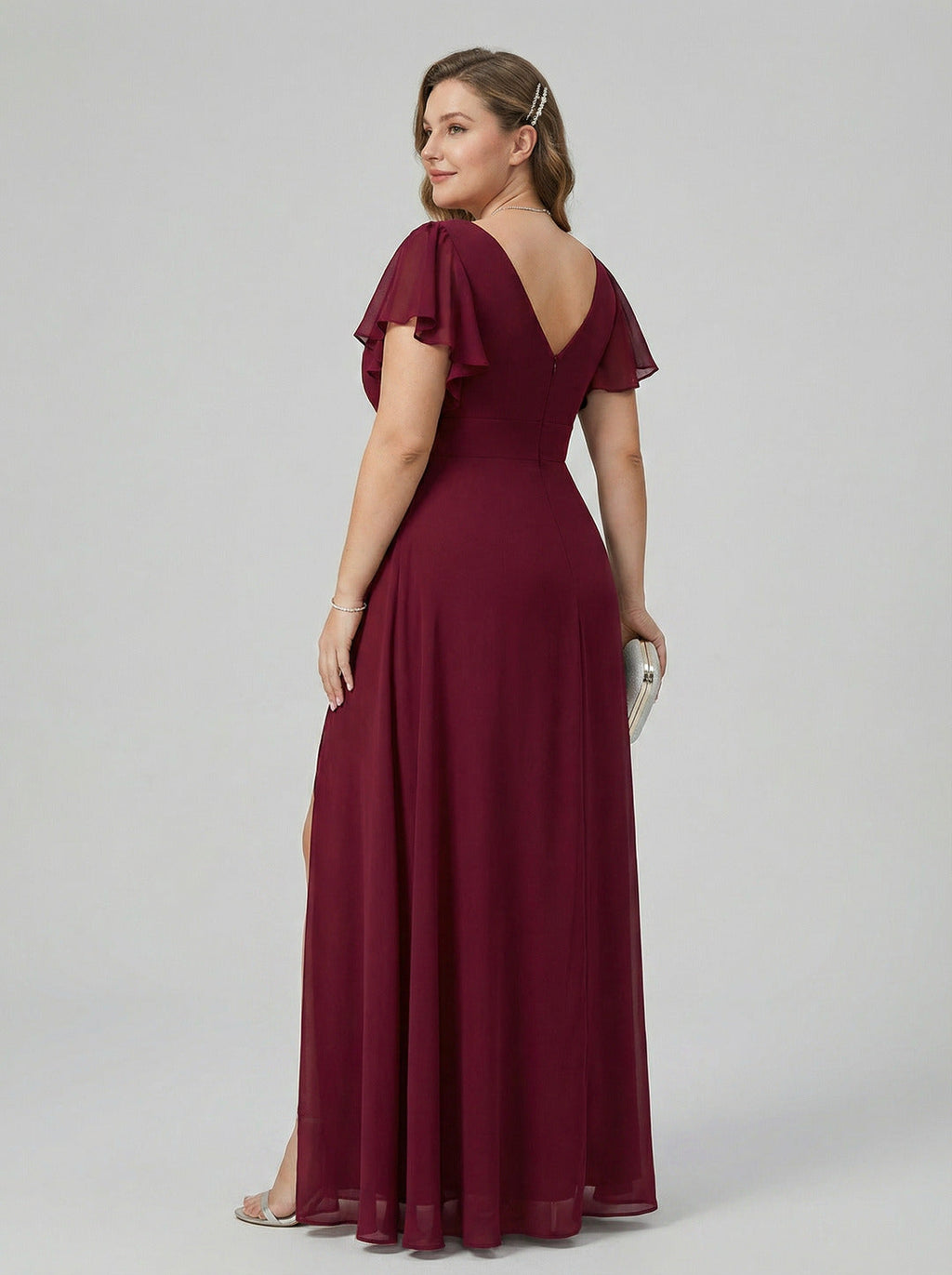 Modest Cabernet Chiffon A-Line V-Neck V-Back Ankle-Length Plus Size Bridesmaid Dress - Curvevia