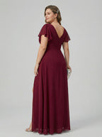 Modest Cabernet Chiffon A-Line V-Neck V-Back Ankle-Length Plus Size Bridesmaid Dress - Curvevia