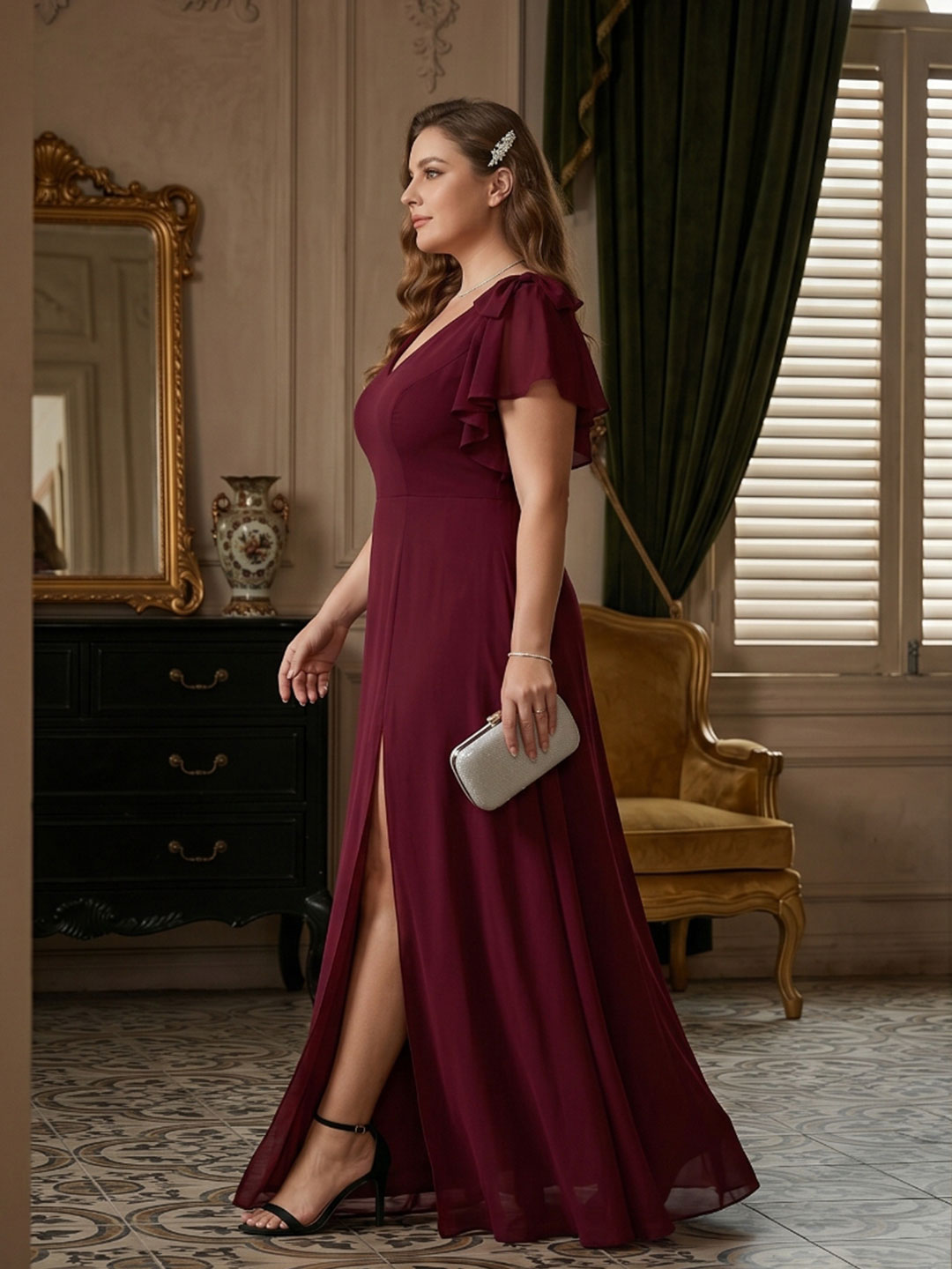 Modest Cabernet Chiffon A-Line V-Neck V-Back Ankle-Length Plus Size Bridesmaid Dress - Curvevia