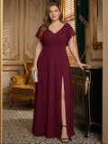 Modest Cabernet Chiffon A-Line V-Neck V-Back Ankle-Length Plus Size Bridesmaid Dress - Curvevia