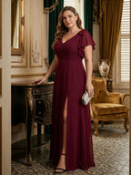 Modest Cabernet Chiffon A-Line V-Neck V-Back Ankle-Length Plus Size Bridesmaid Dress - Curvevia