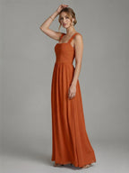 Modest Cinnamon Chiffon A-Line Straight Neck Ankle-Length Bridesmaid Dress - Curvevia