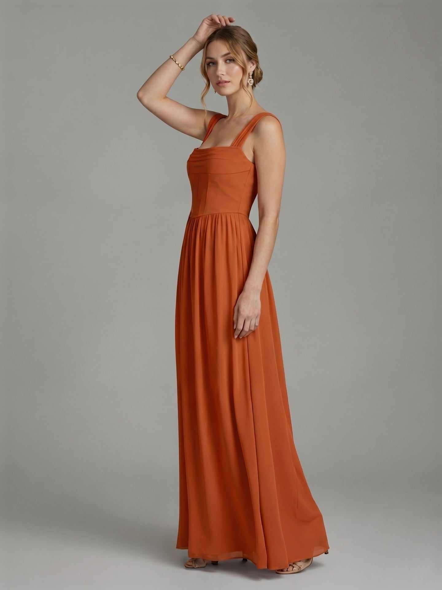 Modest Cinnamon Chiffon A-Line Straight Neck Ankle-Length Bridesmaid Dress - Curvevia